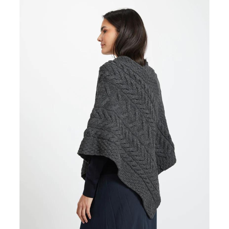 Ladies Aran Cable Knit Triangular Poncho Charcoal